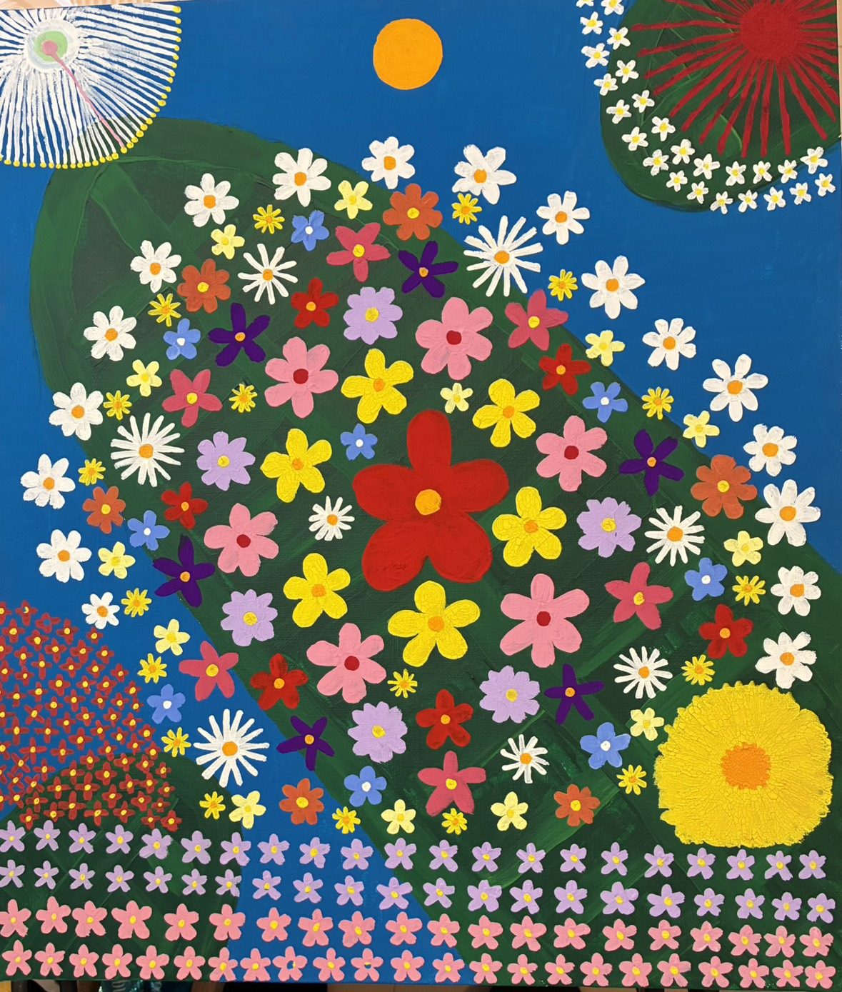 青空の下、無数の花が咲き誇る絵画作品「花のカーニバル」